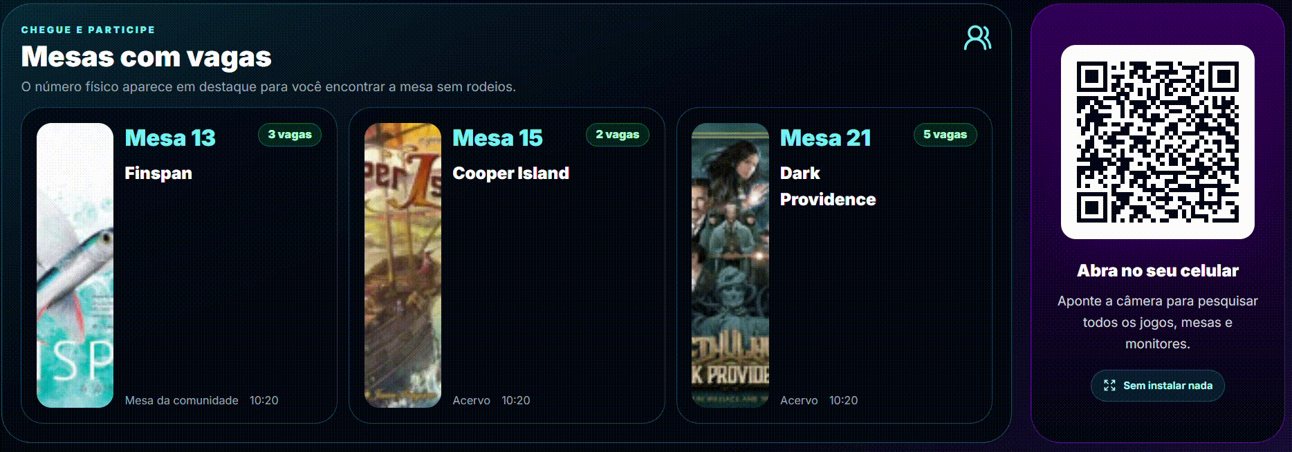 Painel público real de um evento mostrando mesas disponíveis, vagas e acesso pelo celular